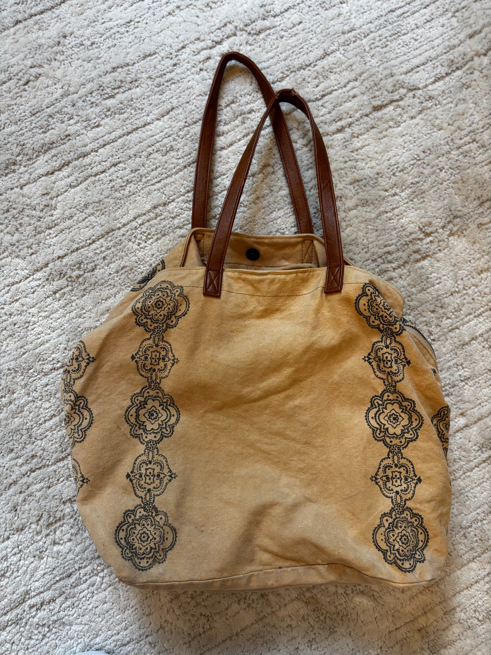 Free People Floral Tote Bag Tan Canvas Leather Handles